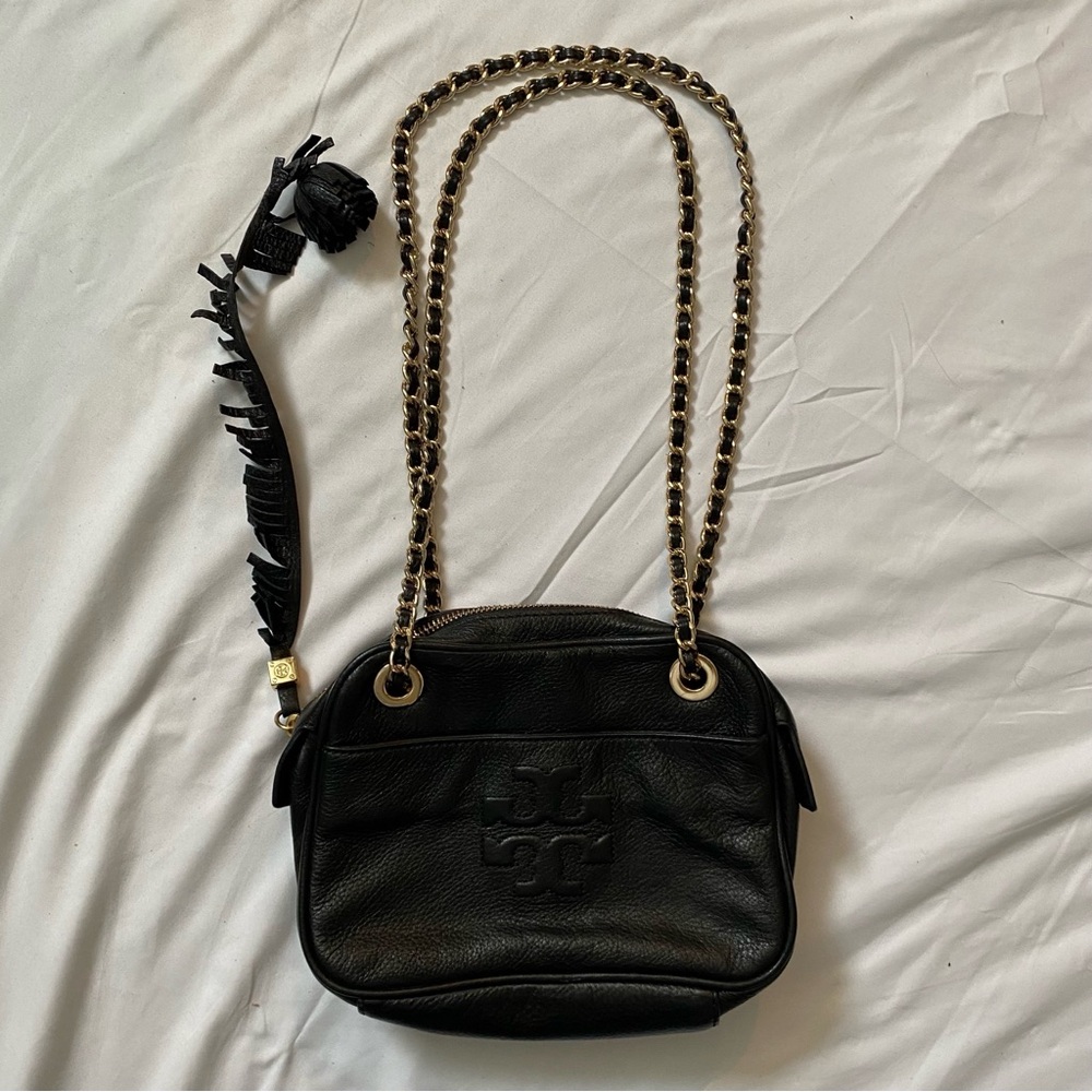 Tory Burch Black Leather Shoulder Bag with Chain Strap and Flower Bag Charm